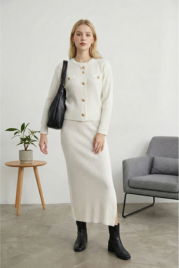 Selanik Knitted Gold Buttoned Sweater-Skirt Knitwear Set
