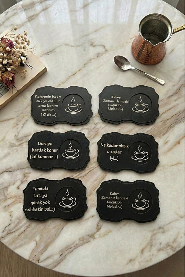 Black Wooden Written Coasters 6 Pieces 10X15 cm Decorative Set
