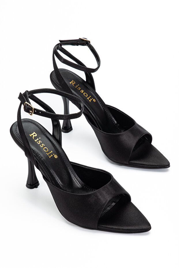Women's Black Satin Pointed Toe Ankle Strap Detailed Heeled Sandals