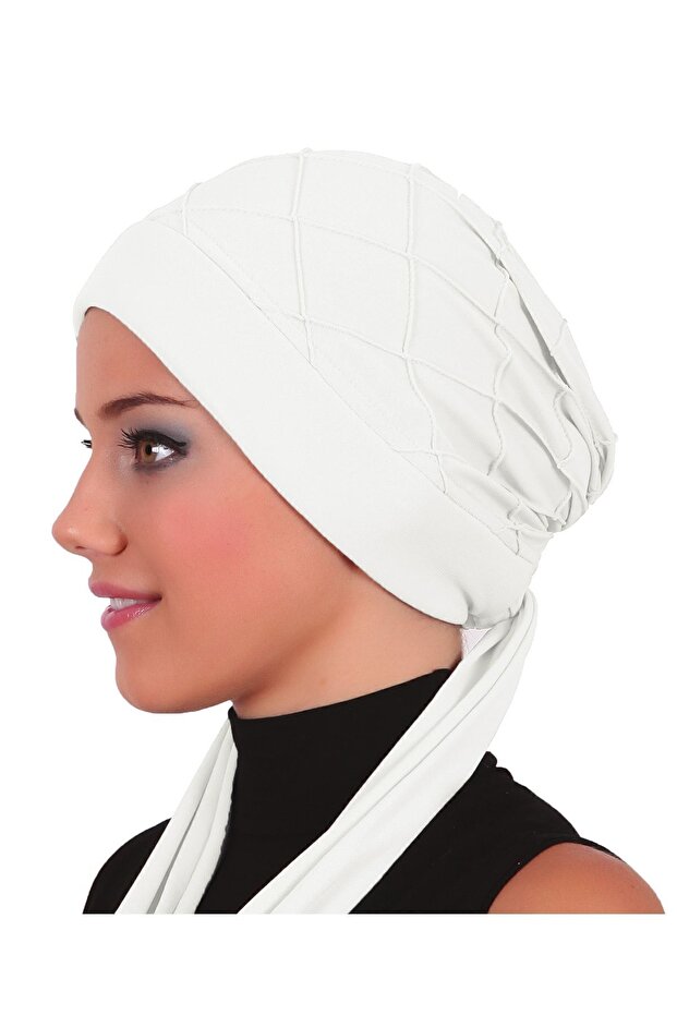 Ribbed Tie Cream Ready-To-Wear Turban Hijab Bonnet Suitable for Medical Use