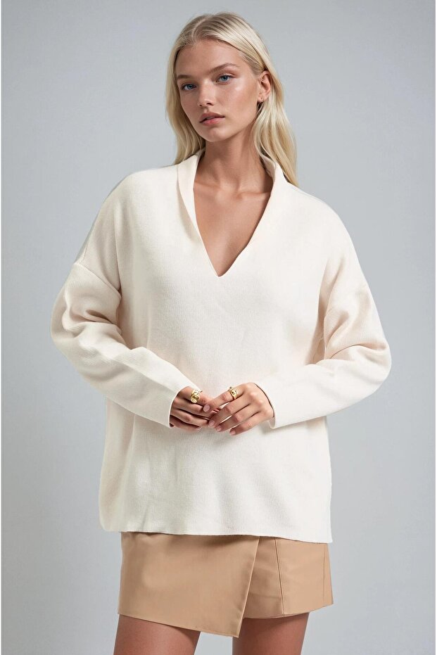 Shawl collar detailed standard knit sweater 1422