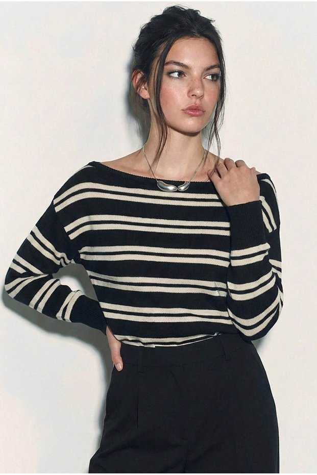 Women's Black Boat Neck Striped Knitwear Sweater 34105 60283909