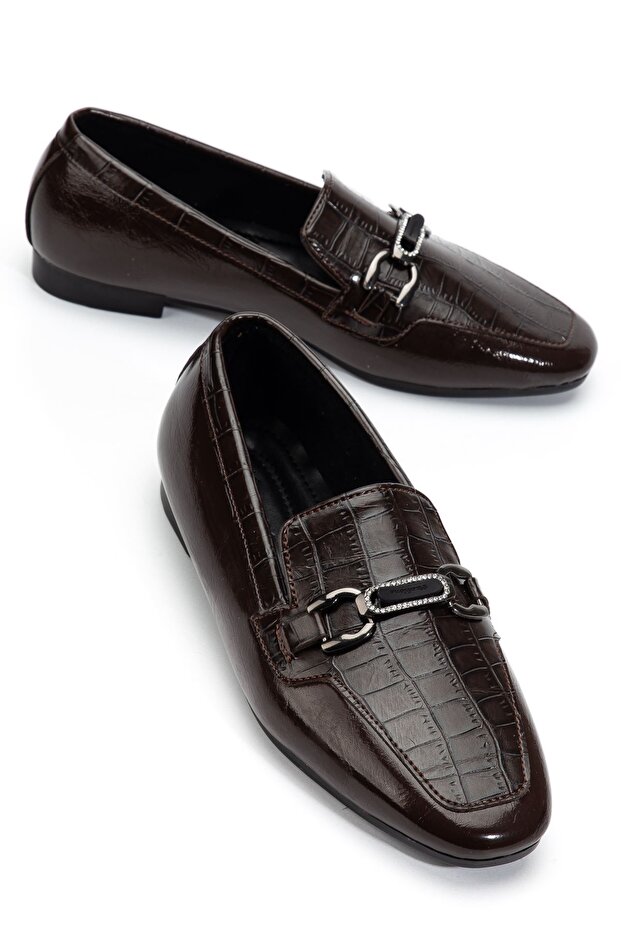 Women's Bitter Brown Crocodile Shiny Leather Buckle Ballerinas