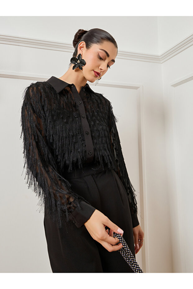Women Black Fringe Detail Buttoned Shirt