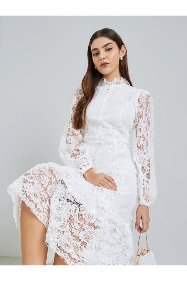 Women White Lace Balloon Sleeves A-Line Midi Dress