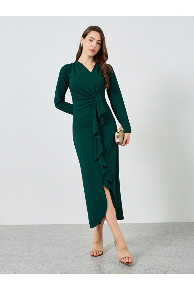 Women Dark Green Ruffled Front Maxi Dress