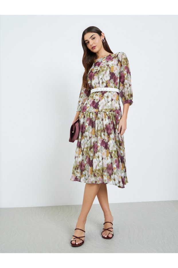Women Floral Print A-Line Midi Dress with 3/4 Sleeves