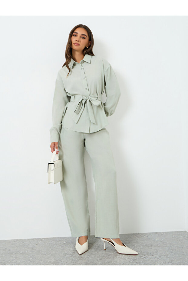 Women Tie-Belt Shirt and Pants Co-Ords