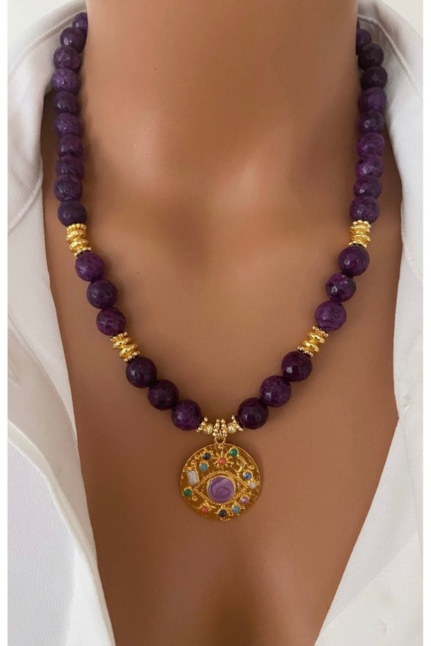 Natural Stone Purple 10 mm Agate Gold Plated Zircon Stone Plate End Design Women's Necklace