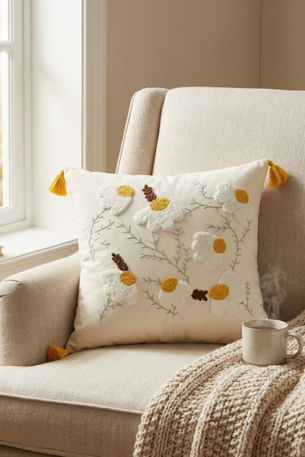 Daisy Patterned Punch Embroidered Tassel Cushion Cover 42X42 cm - Bohemian Decorative Pillow