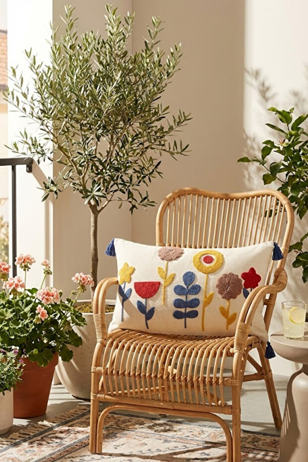 Colorful Flower Garden Patterned Punch Embroidered Rectangular Cushion Cover 35X55 cm - Tasseled Cushion Cover
