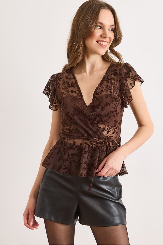 Women's Brown Sleeve Ruffle Detailed Transparent Tulle Blouse with Tie-Up Detail Blz-19003211