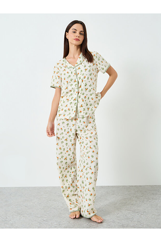 Women Floral Printed Short Sleeve Shirt and Pyjama Set