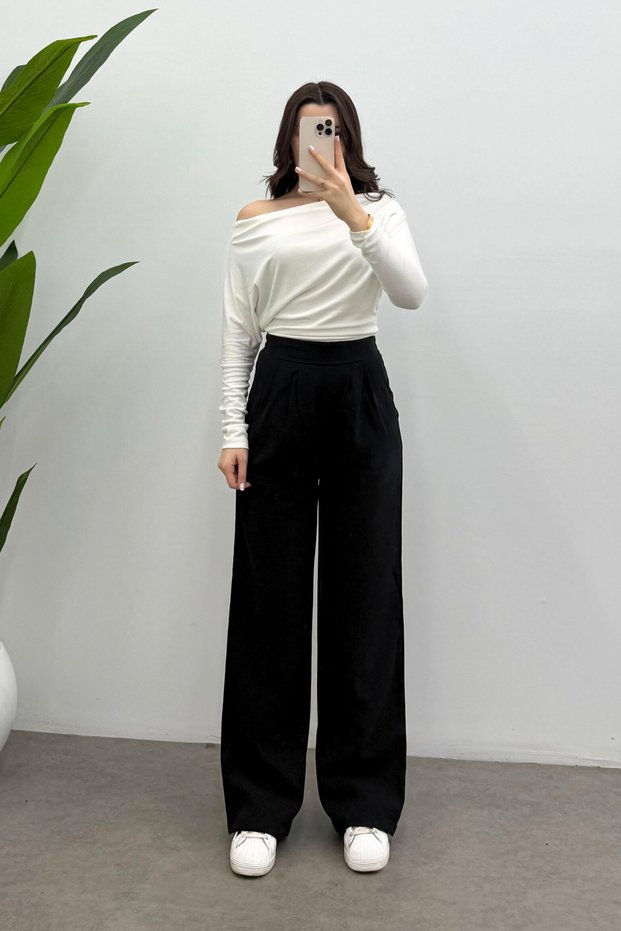Women's Black Elastic Waist Draped Pleated Detailed Tencel Relaxed Pants