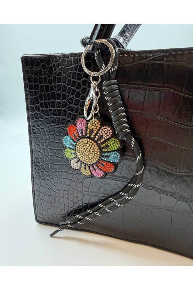 Colorful Stone Flower Figured Bag Charm and Keychain – Bag Charm with Black Rope Strap