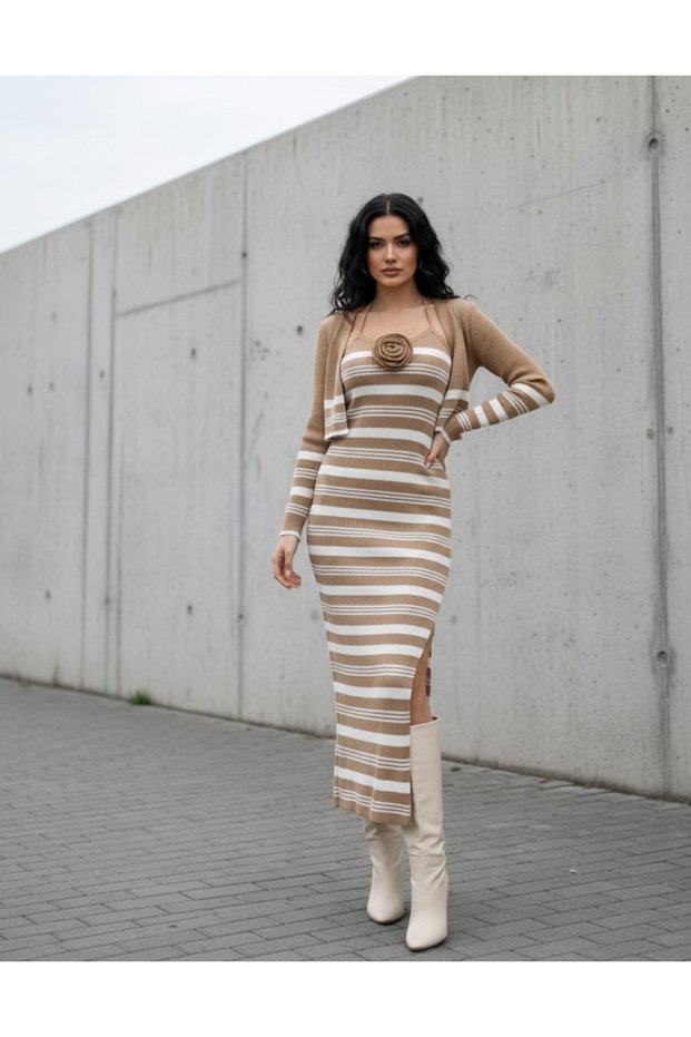 Women's Crop Cardigan and Halter Neck Striped Long Dress