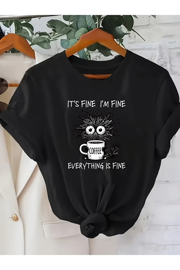 Unisex Oversize 100% Cotton T-Shirt – “It's Fine I'M Fine” Coffee-Themed Print