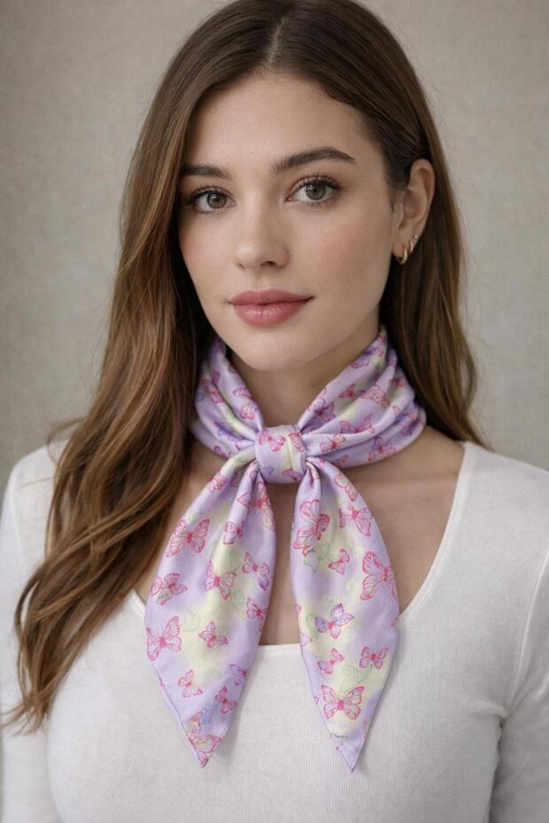 Women's Lilac Patterned Satin Scarf 70X70