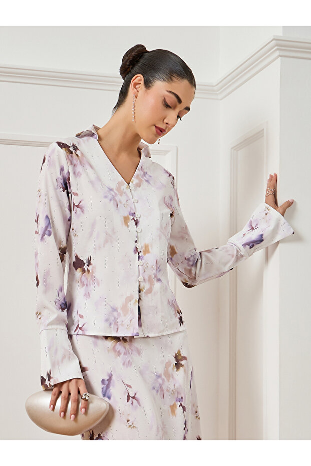 Women White Floral Print Long Sleeve Blouse