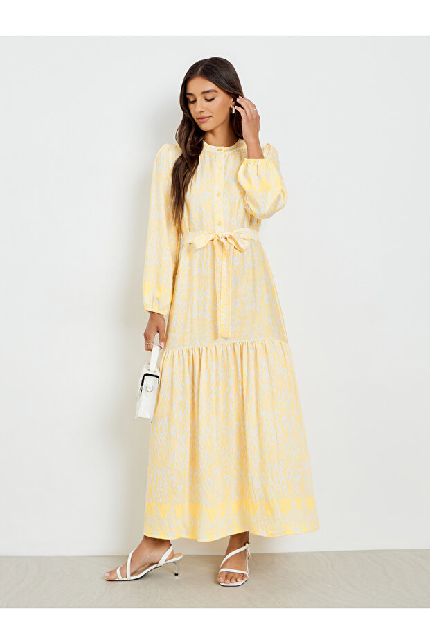 Women Yellow Long Sleeves A-Line Maxi Dress