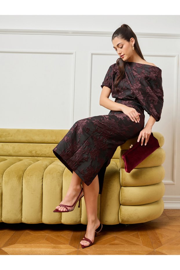 Women Black Floral Jacquard Midi Dress