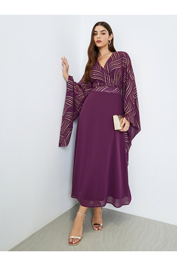 Women Purple Printed Bell Sleeve A-Line Maxi Dress
