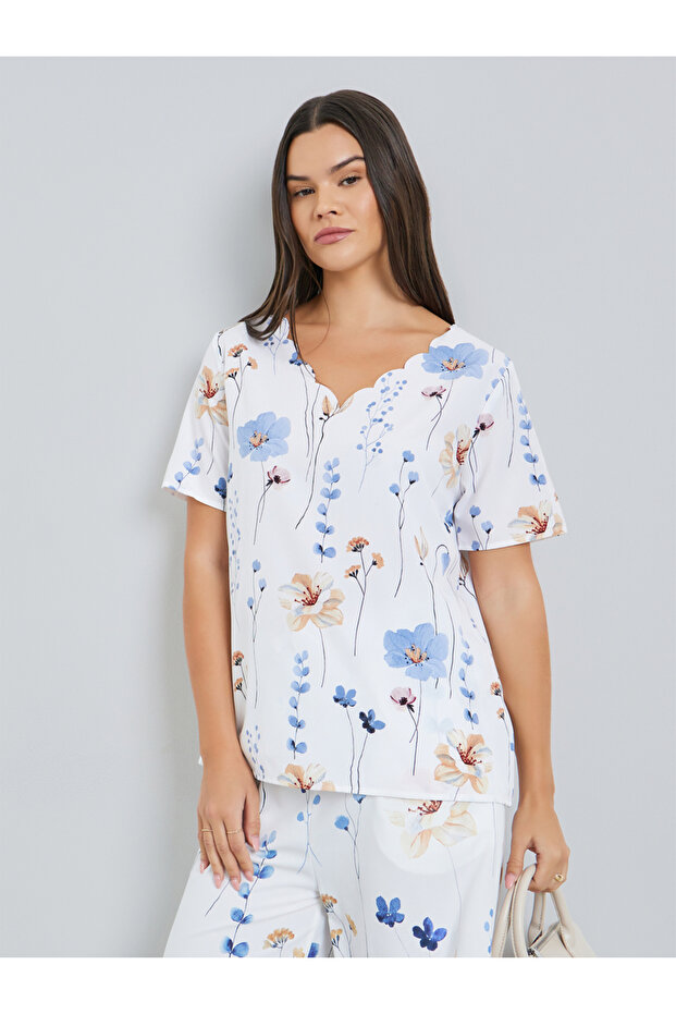 Women White Floral Print Short Sleeve Top