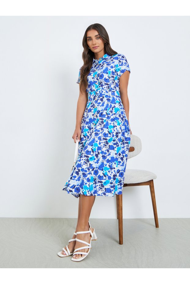 Women Blue Floral Print Shirt Midi Dress