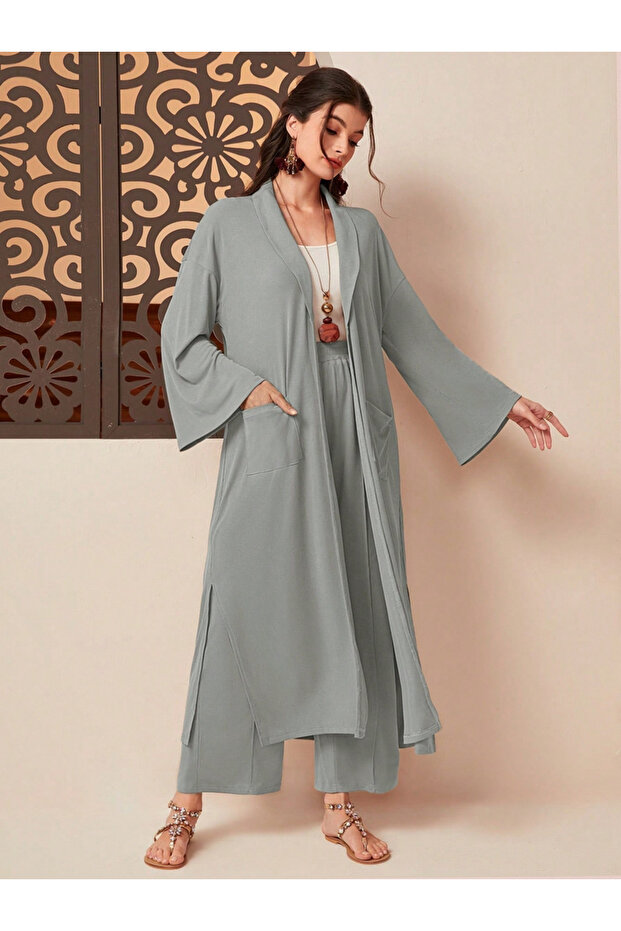 Women Grey Kimono and Wide Leg Trousers Co-Ords