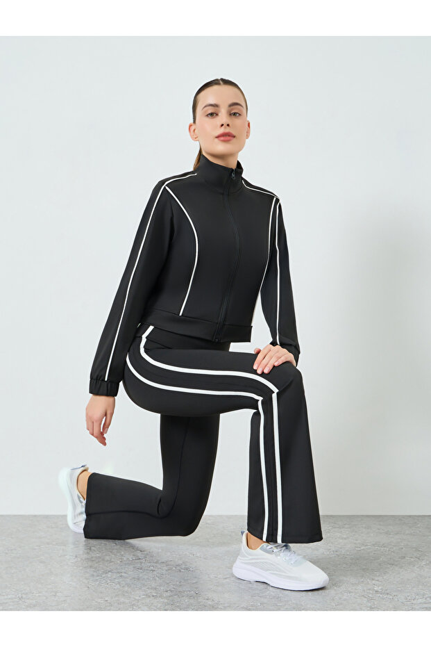 Women Black Contour Piping Full Zip Jacket and and Flared Pants Set