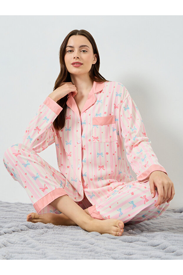Women Bow Print Shirt and Pyjama Set