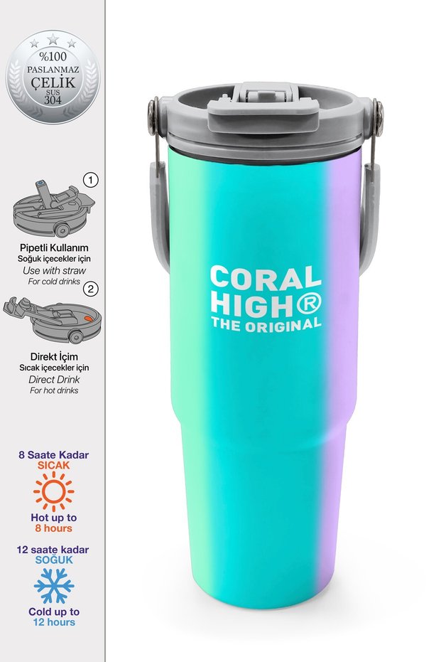 Colorful Striped Patterned Steel Thermos with Straw and Direct Drinking Feature 900 ml 38708