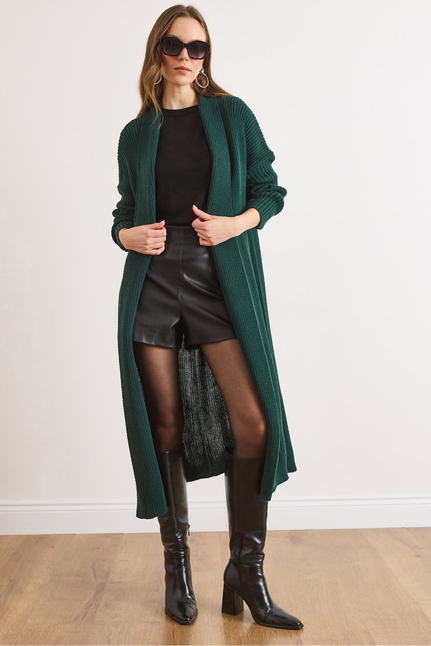 Women's Emerald Green Shawl Collar Long Knitwear Cardigan Hrk-19000466