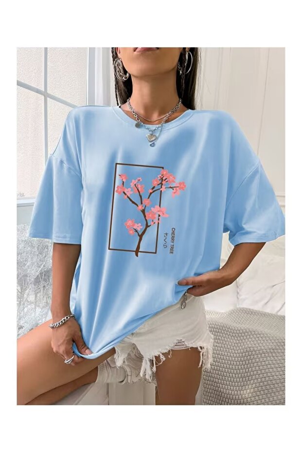 Women's Cherry Tree Printed Oversize T-Shirt