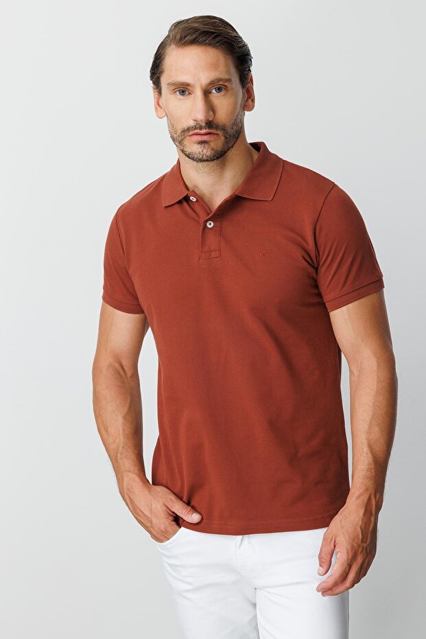 Kiremit Modern Fit Narrow Fit Polo Collar Plain Short Sleeve 100% Cotton T-Shirt