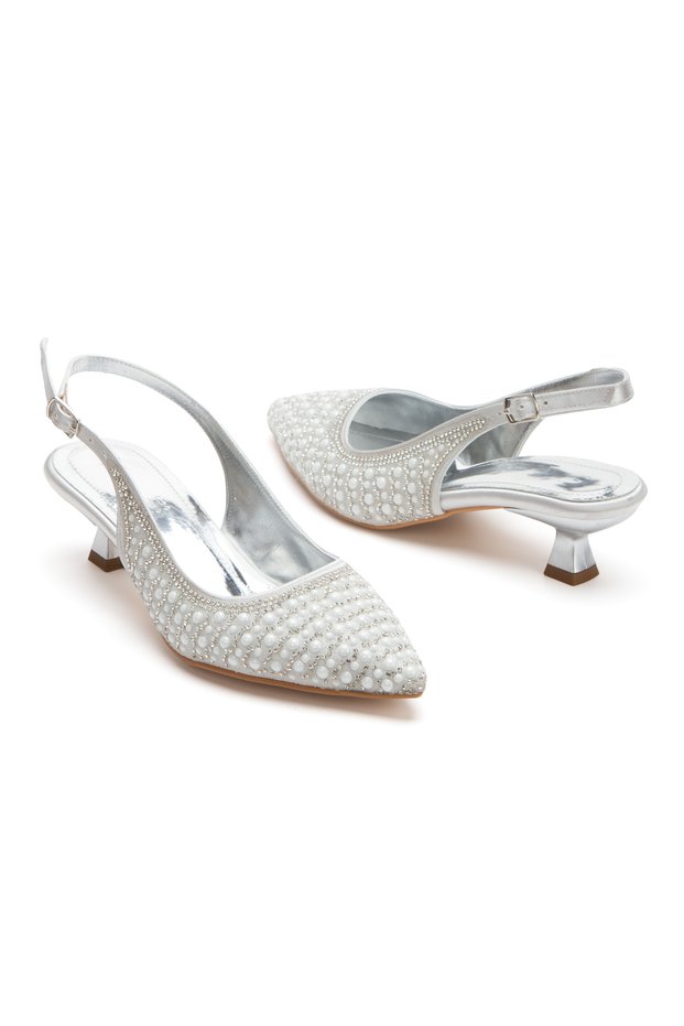 Women's Short Heeled Pearl and Stone Embellished Wedding Dress Shoes
