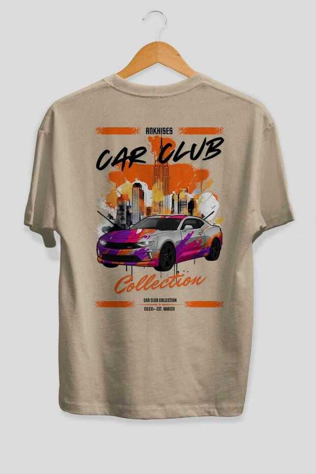 تي شيرت من سلسلة Car Club Series 20 مطبوع من الخلف باللون البيج، مصنوع من القطن بنسبة 100% للرجال والنساء