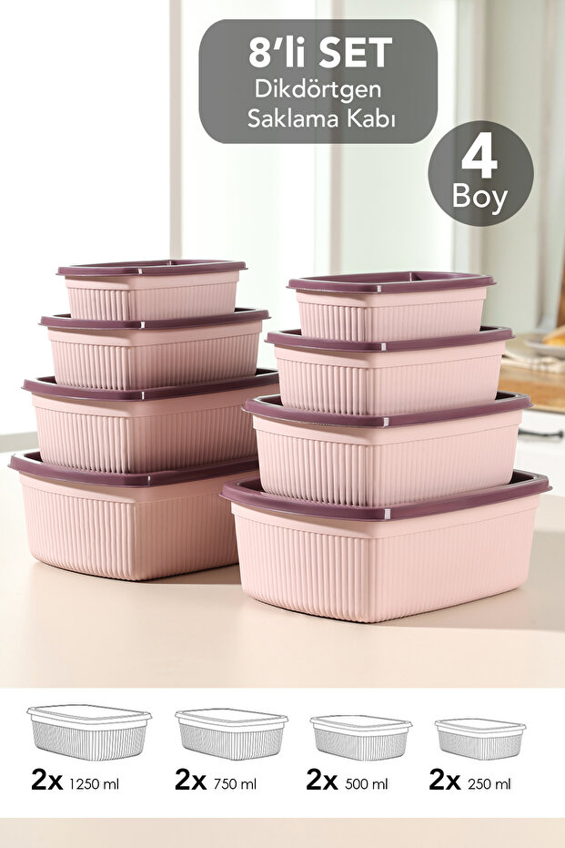 8-Piece Set of Striped Rectangular Storage Containers - Microwave Safe Food Containers 1.25L 0.75L 0.5L 0.25L Pink