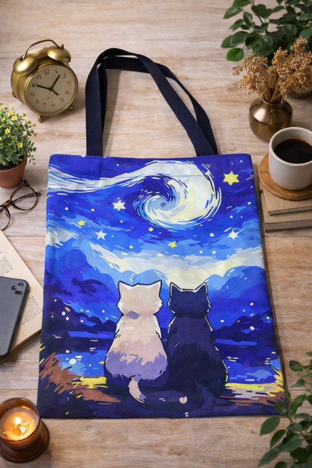 Van Gogh Starry Night and Cat Themed 2-Piece Bag Set Handbag and Makeup Bag