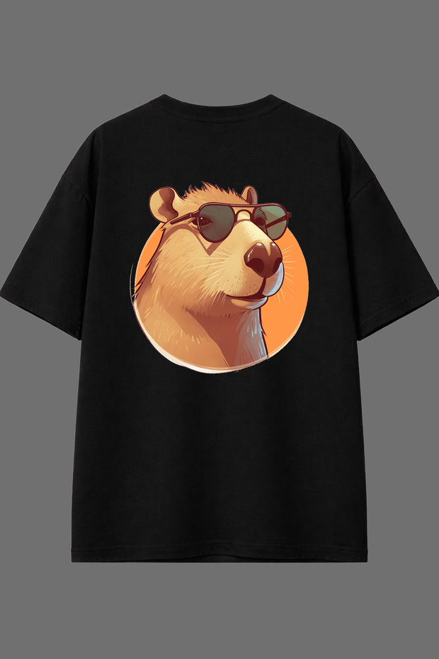 Capybara with Glasses Design Back Printed Black Oversize T-Shirt