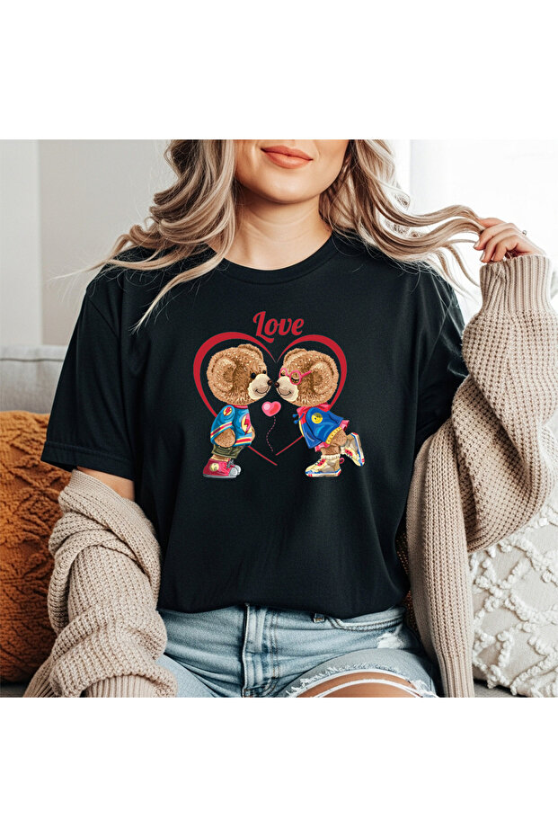 Love Teddy Bear Print Detailed Basic T-Shirt