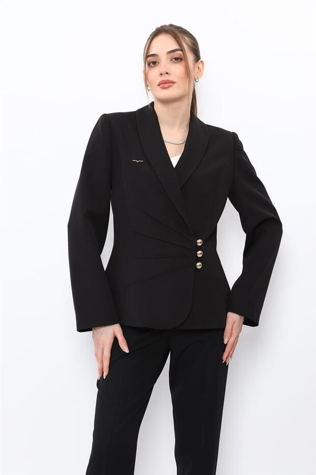 Shawl Collar Double-Breasted Model Jacket - Black - 1182100