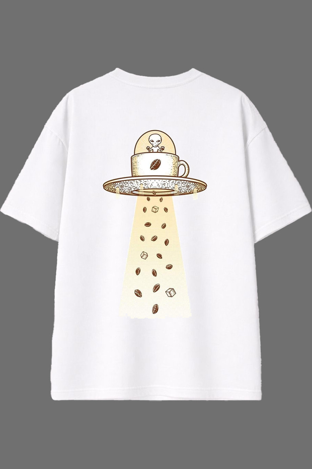 Coffee Loving Alien Design White Oversize T-Shirt with Back Print