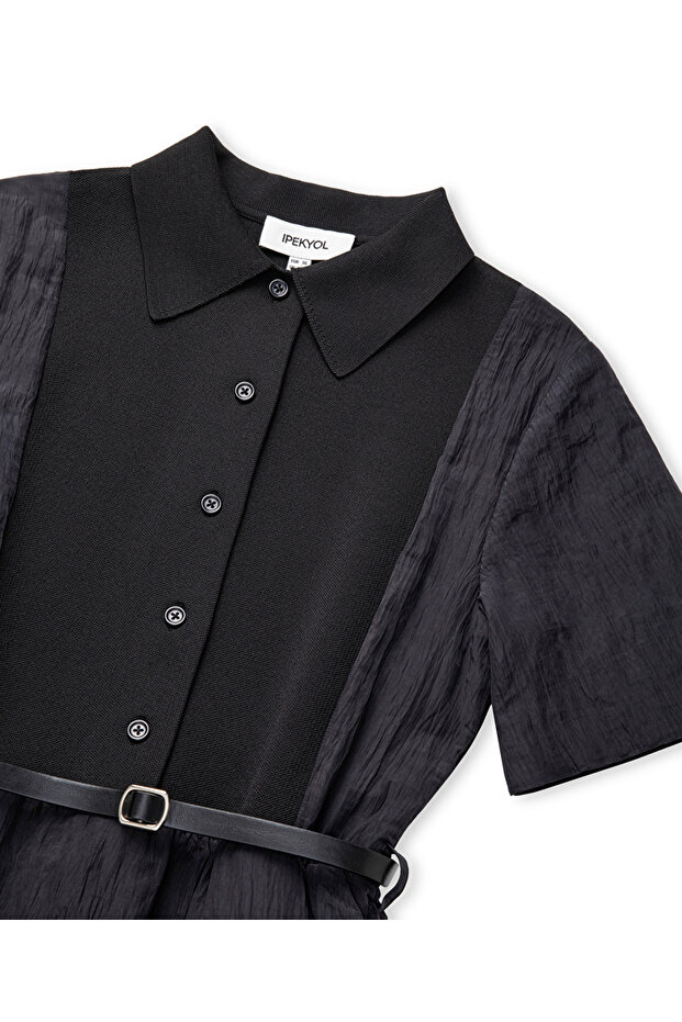 Kemerli triko mix elbise - 4