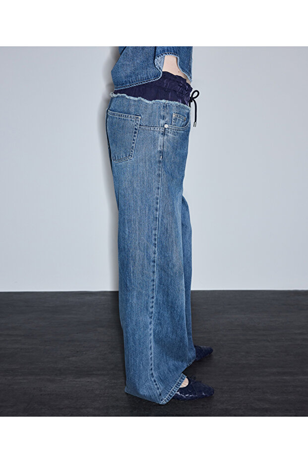 Kontrast elastik bel jean pantolon - 6