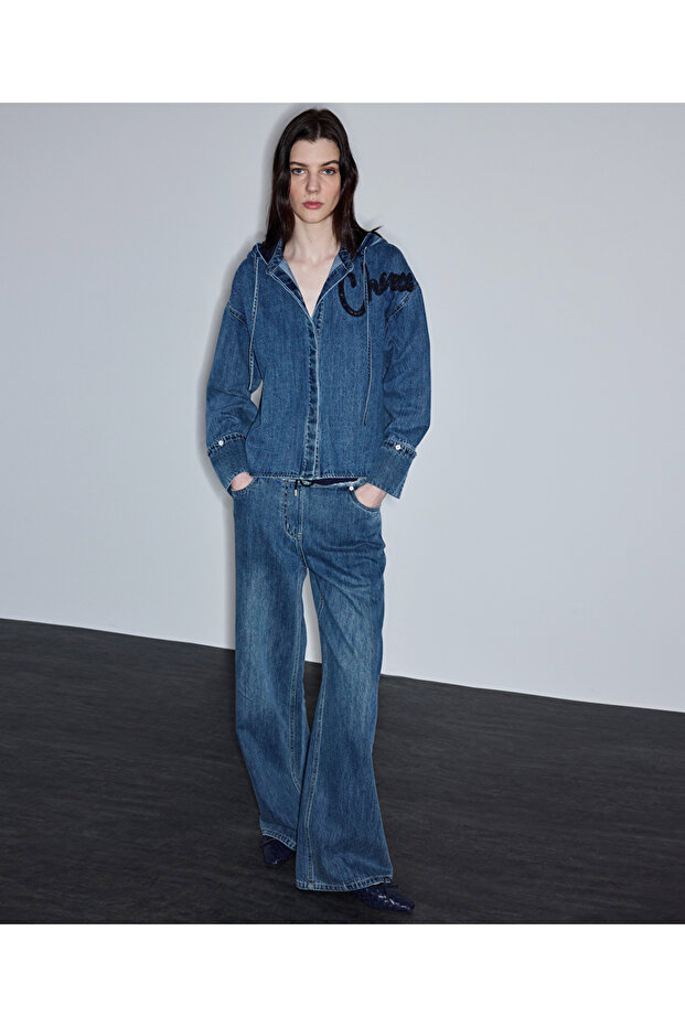 Kontrast elastik bel jean pantolon - 2