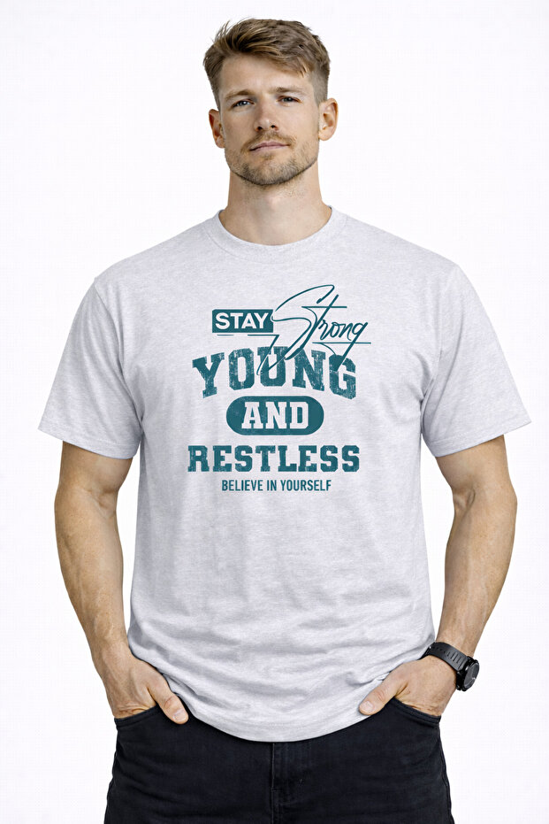Stay Young Detailed Basic Men's T-Shirt