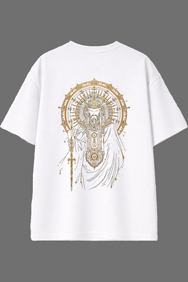 Yellow Striped King Design White Oversize T-Shirt with Back Print