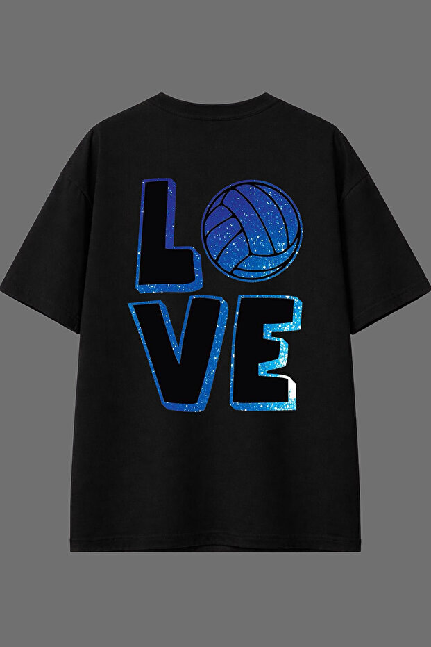 تي شيرت أسود كبير الحجم بتصميم Love Volleyball مطبوع من الخلف