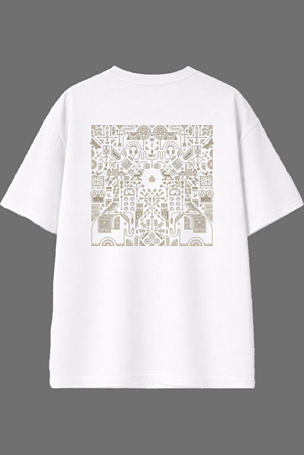 Antique Drawings Design Back Printed White Oversize t Shirt